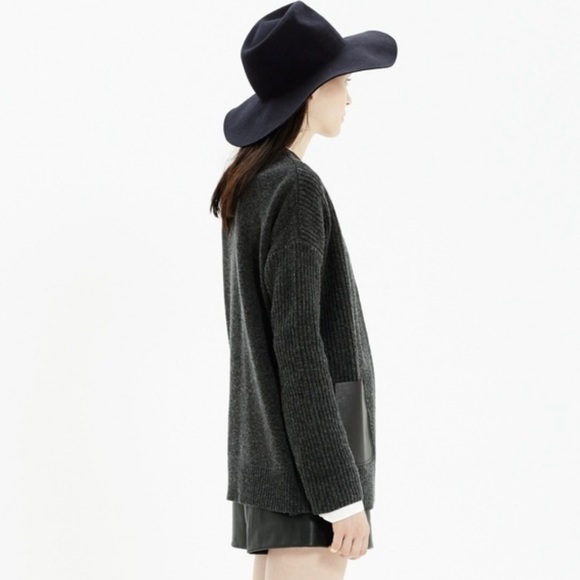 Madewell Wool Ribbed Cardigan Leather Pockets Gray Black Size Medium - Picture 2 of 11
